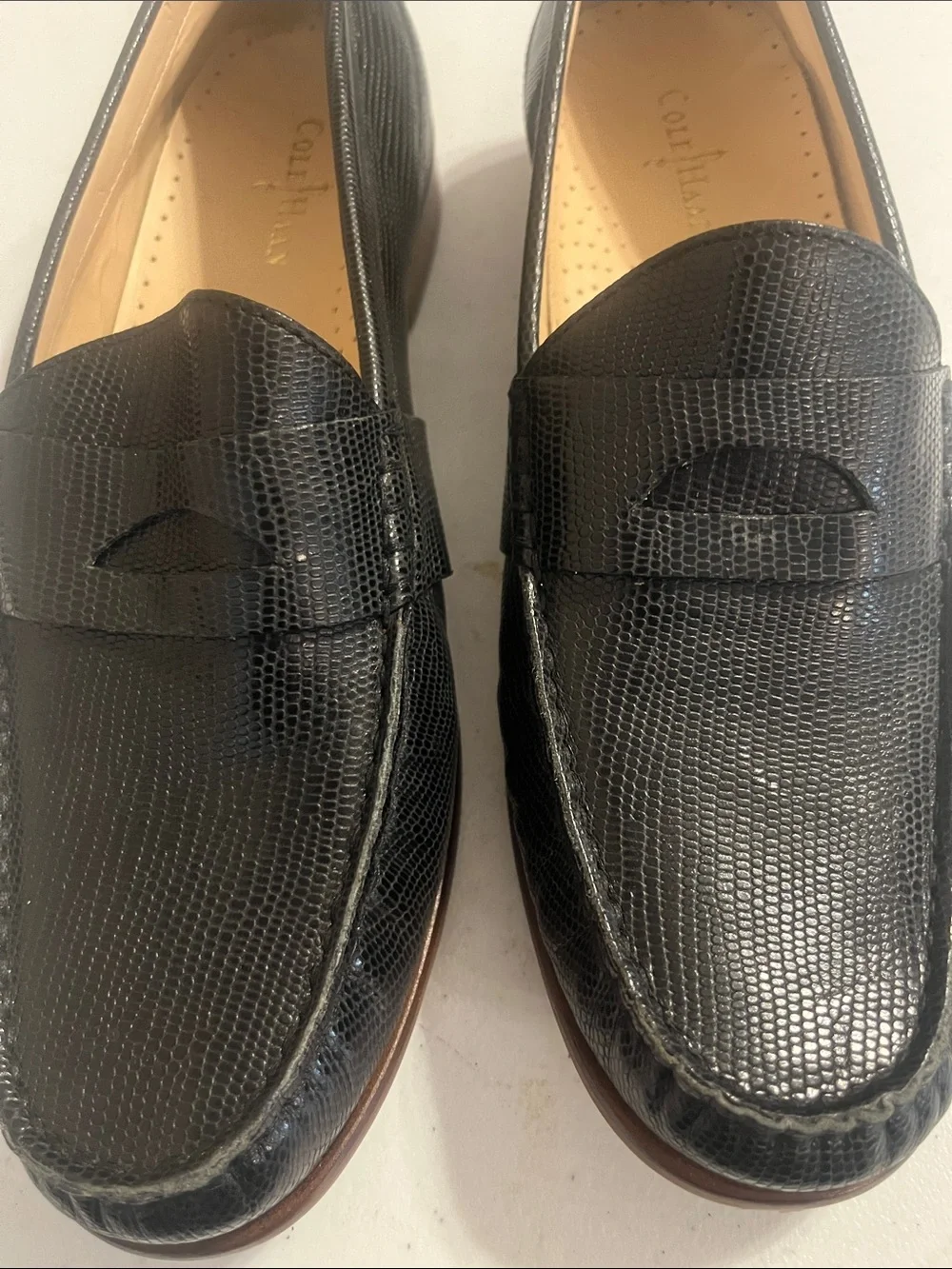 Cole Haan Black Lizard-Embossed Leather Penny Loafers